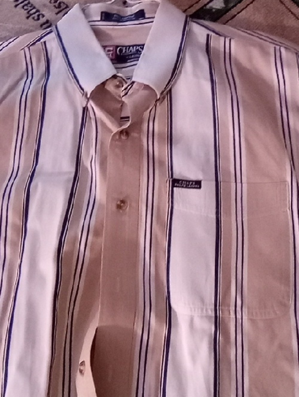 Chaps Men’s Cream and Tan Striped Button-Down Shirt with Navy Accents